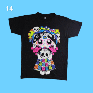 women, black printed t shirt, lele doll skeleton