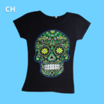black printed t shirt, green decorated ancestral skull