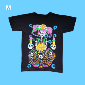 women, black printed t shirt, frida skull