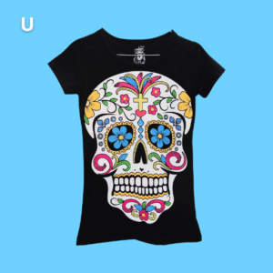 women, black printed t shirt, skull painted with flowers