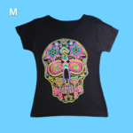 women, black printed t shirt, colorful skull