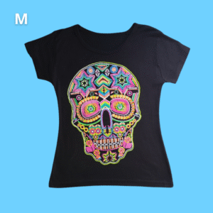 women, black printed t shirt, colorful skull