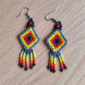handmade mexican earrings, chaquira beads, yellow, orange, red