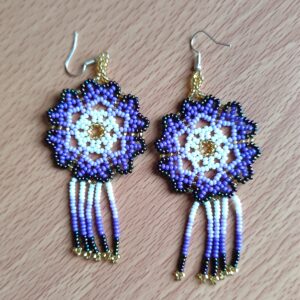 handmade mexican earrings, chaquira beads, blue dreamcatcher