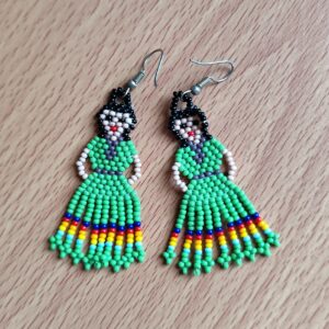 handmade mexican earrings, chaquira beads, green dolls
