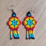 handmade mexican earrings, chaquira beads, yellow and red flower