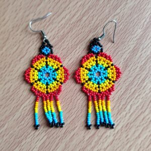handmade mexican earrings, chaquira beads, yellow and red flower