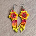 handmade mexican earrings, chaquira beads, yellow and red flower