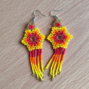 handmade mexican earrings, chaquira beads, yellow and red flower