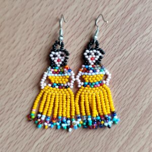 handmade mexican earrings, chaquira beads, yellow dolls