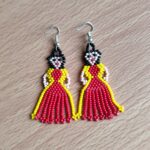 handmade mexican earrings, chaquira beads, red dolls