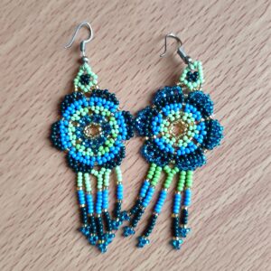 handmade mexican earrings, chaquira beads, blue dreamcatcher