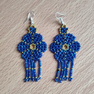 handmade mexican earrings, chaquira beads, blue flower