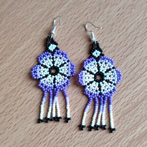 handmade mexican earrings, chaquira beads, blue and white flower