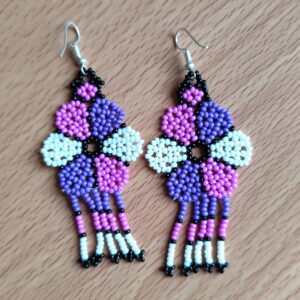 handmade mexican earrings, chaquira beads, purple blue and white