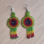 handmade mexican earrings, chaquira beads, red and green