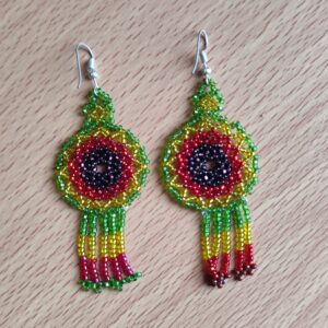 handmade mexican earrings, chaquira beads, red and green