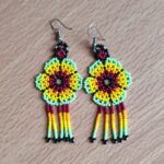 handmade mexican earrings, chaquira beads, green, yellow and red