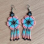 handmade mexican earrings, chaquira beads, blue and pink flower