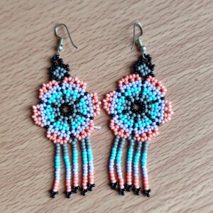 handmade mexican earrings, chaquira beads, blue and pink flower