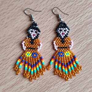 handmade mexican earrings, chaquira beads, golden dolls