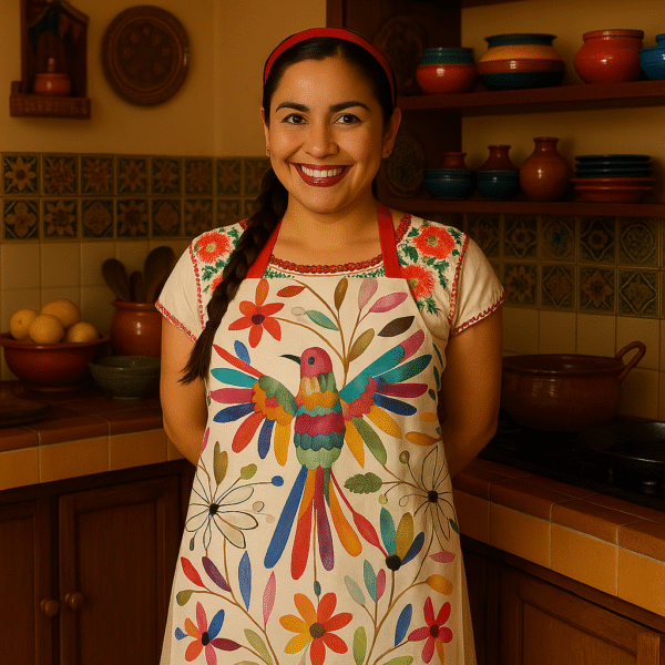 linen apron with mexican bird and flower design