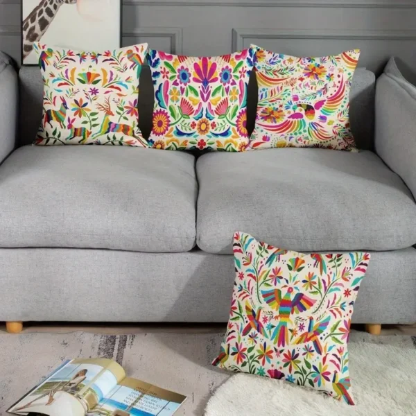 4 mexican inspired throw pillow covers, 45.72 x 45.72 cm colorful floral & bird patterns