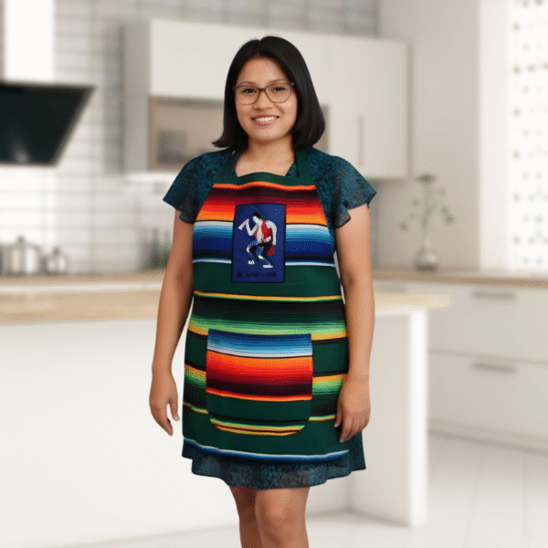 zarape apron with el borracho loteria mexican design