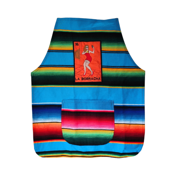 zarape apron with la borracha loteria mexican design