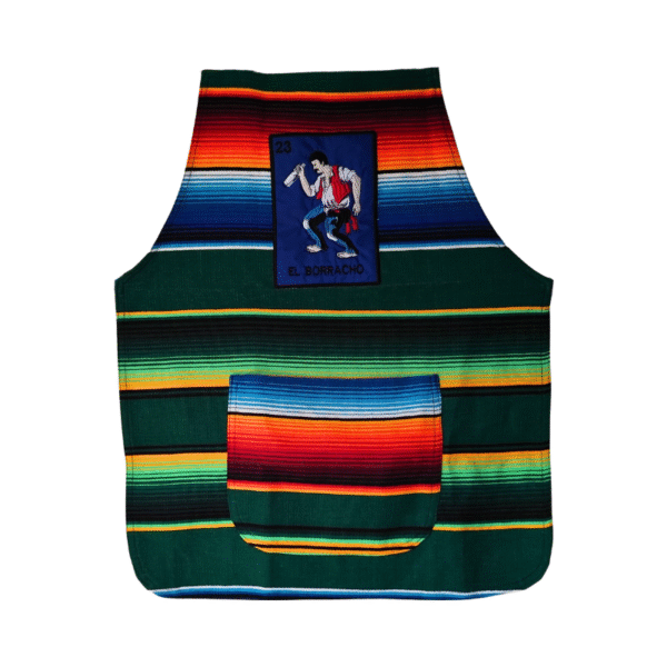 zarape apron with el borracho loteria mexican design